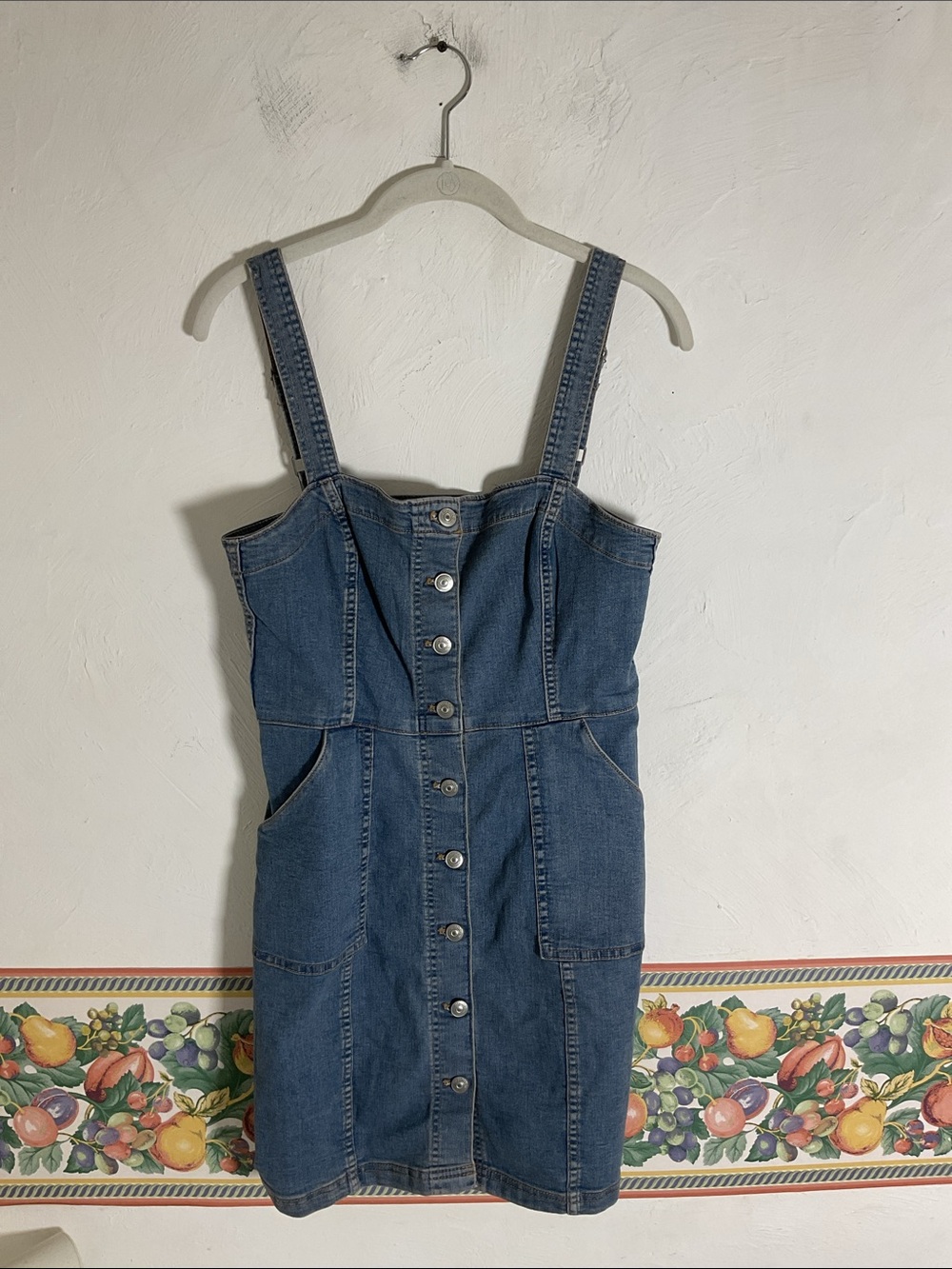 H&M Divided Denim Button Front Pinafore Overall Mini Dress Size S Blue Wash